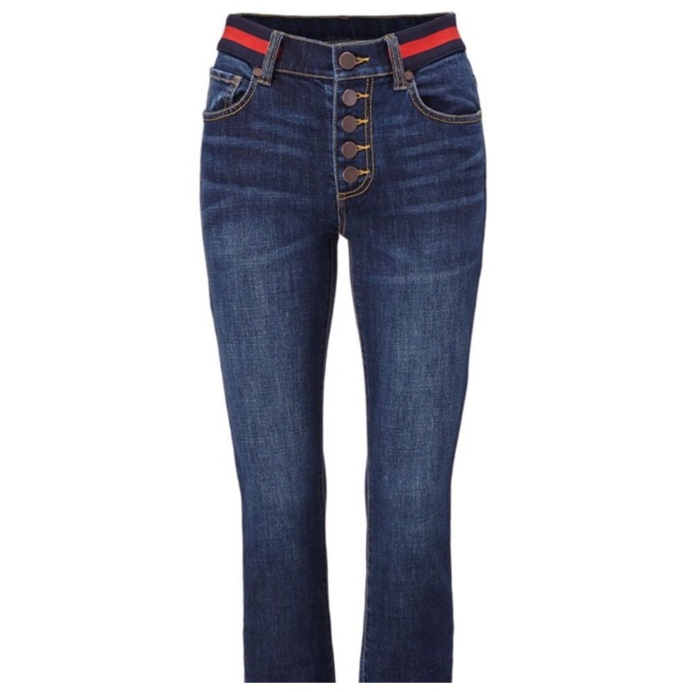 CAbi Button Fly Skinny Dark Blue Skinny Jeans with Red Stripe Waistband - 6